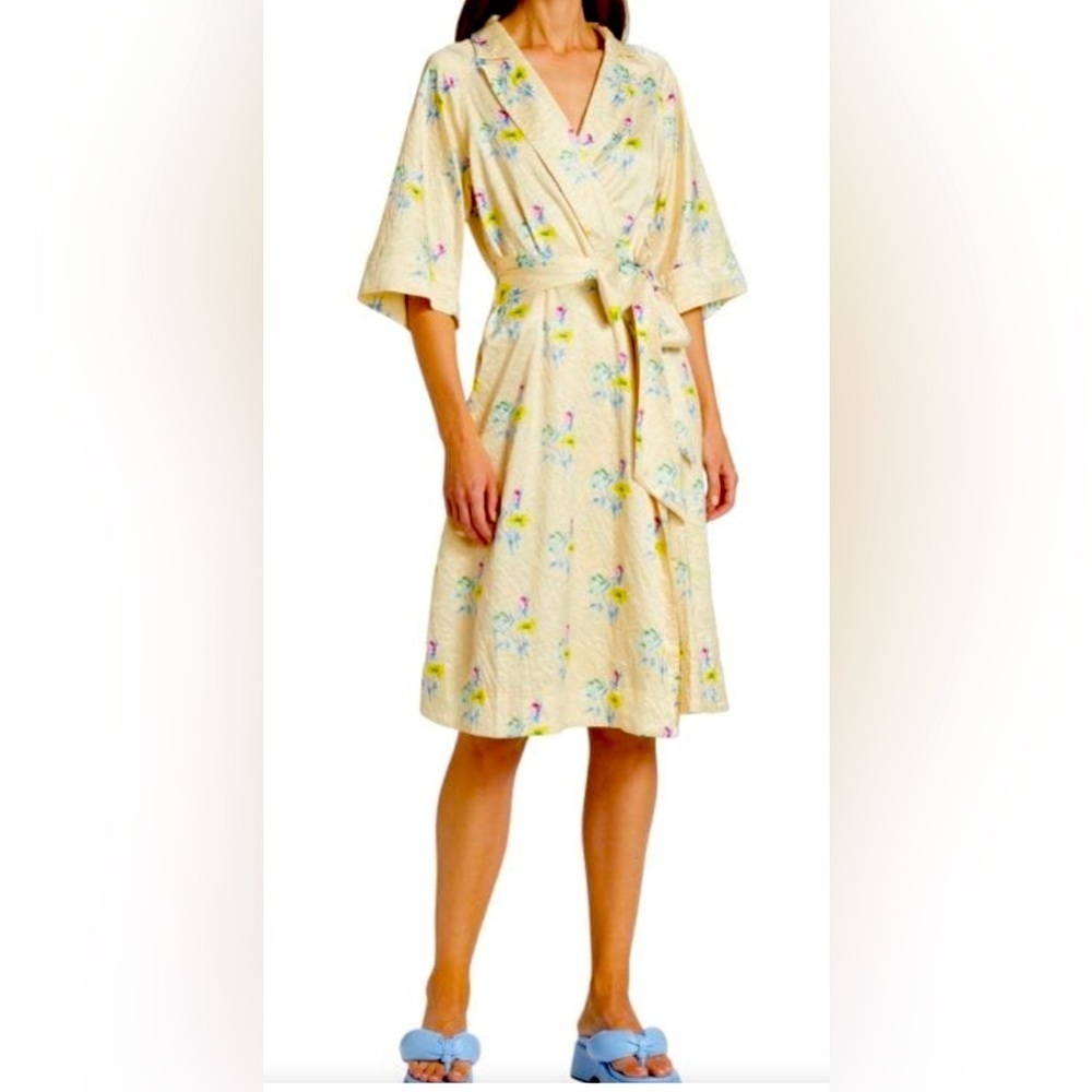 EUC GANNI Floral Crinkle Wrap Dress In Yellow size 36/4 Pink Blue Chic Sexy Wrap - Picture 3 of 11